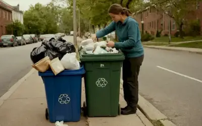 Persona clasificando basura en un contenedor de reciclaje con varios artículos no reciclables en el lado de la culata. Esta frase se refiere al concepto de segregación y reciclado de desechos en alguna cultura