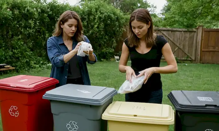 Persona clasificando a través de artículos reciclables en un patio trasero, clasificando desechos en contenedores apropiados. En la frase se hace hincapié en el proceso de reciclaje y sus beneficios en comparación con el despojo de artículos en latas de basura regulares.