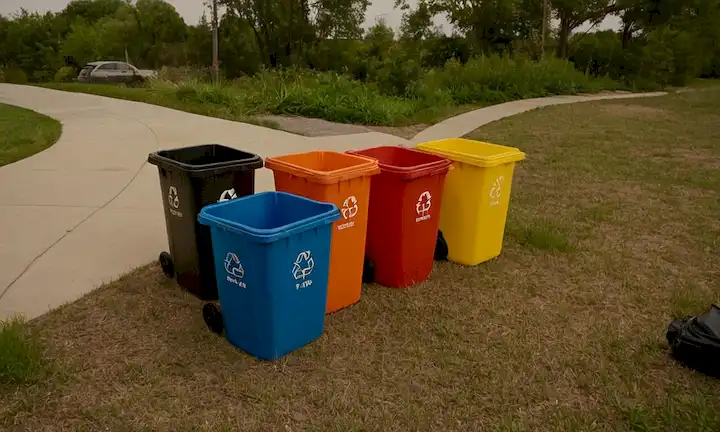 Ordenación individual y emparejamiento de diversos artículos descartados de colores como bolsas de plástico y botellas de agua en sus correspondientes contenedores de reciclaje dentro de un bastón de basura con la respuesta siendo la eliminación adecuada de los materiales de desecho de manera ambientalmente amigable.