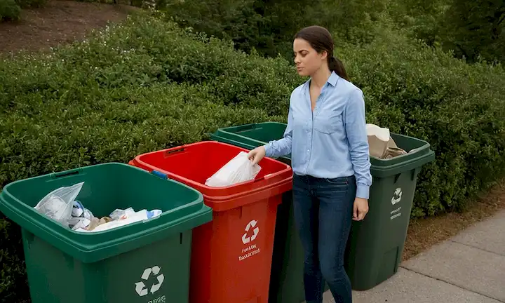 Una mujer desechando adecuadamente sus desechos en contenedores de reciclaje, simbolizando la conciencia ambiental y la eliminación responsable de la basura. En la frase se hace hincapié en la necesidad de prácticas adecuadas de gestión de desechos, incluido el reciclaje de la basura cotidiana en objetos reutilizables mediante técnicas adecuadas de eliminación.
