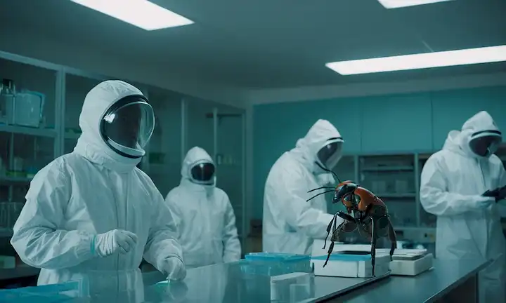 Robot en un laboratorio con un traje protector contra una invasión de insectos amenazando la salud humana. El video termina con científicos analizando las imágenes y discutiendo el impacto potencial. (Este es un lenguaje ficticio destinado a fines de presentación.)
