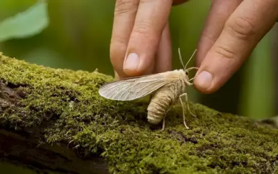 Trabajador eliminando la gigantesca polilla asiática de cera del bosque de resina en España
