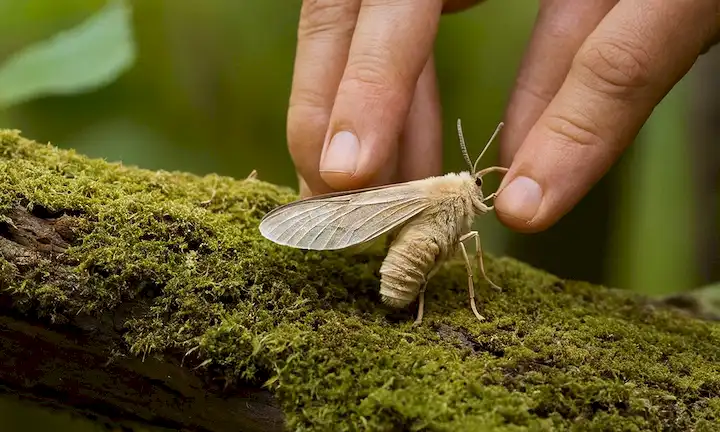 Trabajador eliminando la gigantesca polilla asiática de cera del bosque de resina en España