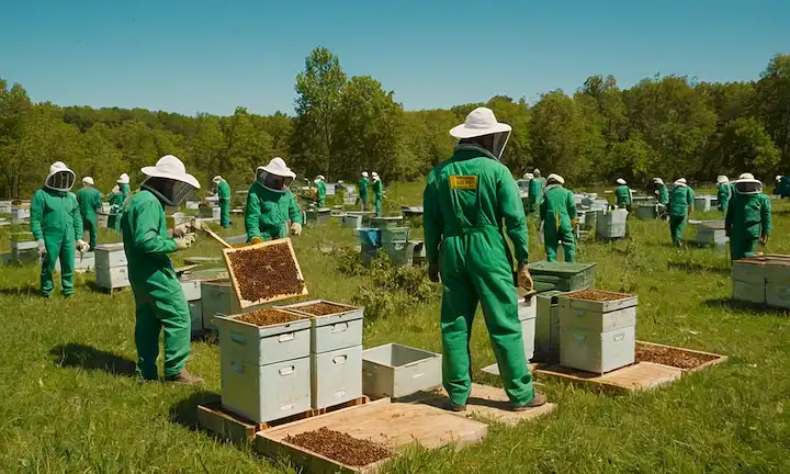 Vista aérea de un apiario bajo un cielo azul con abejas y trabajadores vestidos en general verde, mientras que la cámara se centra en una lupa rodeada de herramientas, con banderas españolas volando orgullosamente arriba. El subtítulo dice: Invasión, impacto, futuro.