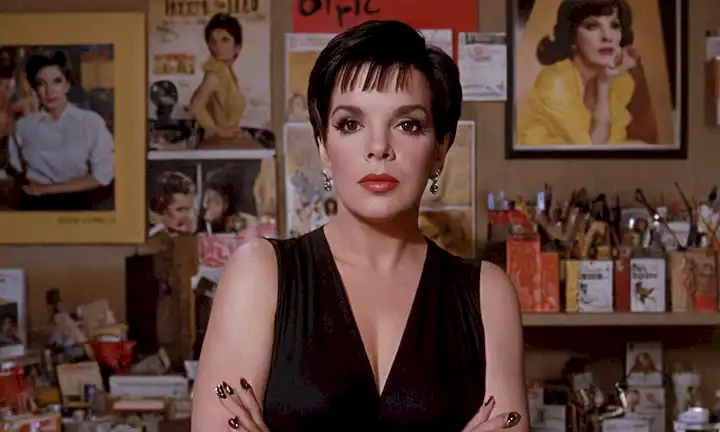 Liza Minnelli con una expresión determinada, de pie en medio de suministros de estudio de arte y carteles de película icónica.