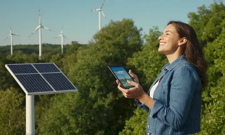 Una turbina de viento doméstica en una azotea con paneles solares, vegetación y un cielo azul tranquilo, dos pájaros volando libremente, una persona que sostiene una tableta o un teléfono inteligente en primer plano, mirando hacia arriba la turbina, sonriendo, relajado ambiente