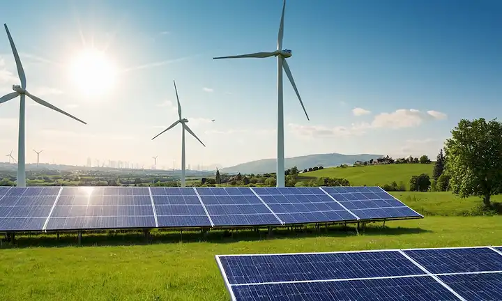 Turbinas eólicas domésticas girando en un prado soleado, rodeado de paneles solares en las azoteas, con un horizonte lejano de una ciudad y colinas onduladas en el fondo, con una pequeña casa con un jardín y un pájaro volando sobre la cabeza, todo en contra de un cielo azul brillante con nubes blancas hinchadas