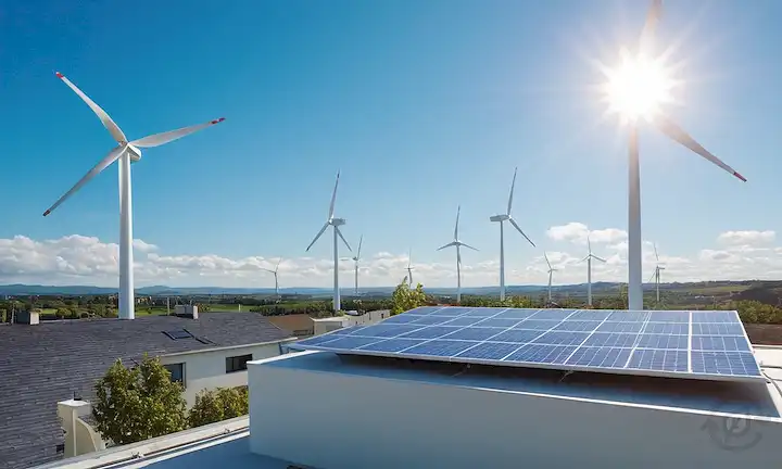 Un moderno techo residencial con paneles solares, una turbina eólica girando, y un soleado cielo azul