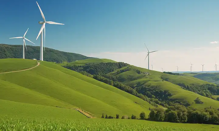 Turbina de 2 hojas girando libremente, fondo de granja de viento blanco, colinas verdes distantes, cielo azul claro