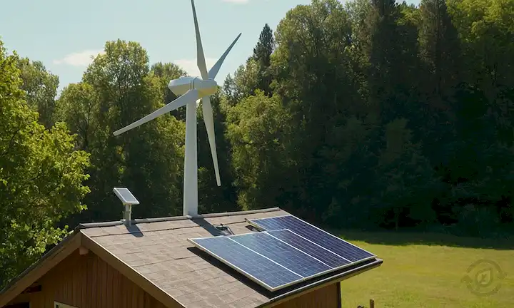 Una pequeña turbina eólica con unas cuantas cuchillas en una azotea o en un patio trasero rodeado de árboles, luz solar y posiblemente una casa o cerca, con un diseño moderno y elegante, quizás con paneles solares instalados cerca