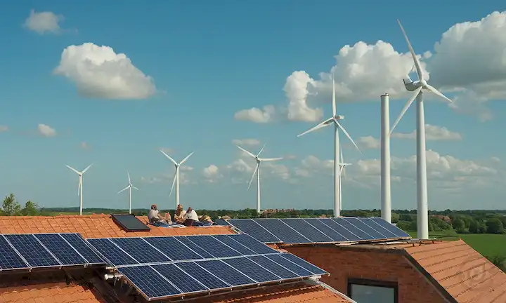 2-4 turbinas eólicas residenciales instaladas en tejados o en patios traseros, personas operando y manteniendolas, paneles solares y otras infraestructuras de energía verde en el fondo, cielo azul con algunas nubes, brisa suave soplando, ambiente sereno