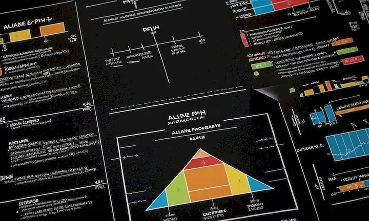 Una ilustración científica del concepto de pH alcalino, rodeado de gráficos y diagramas, sobre un fondo negro.