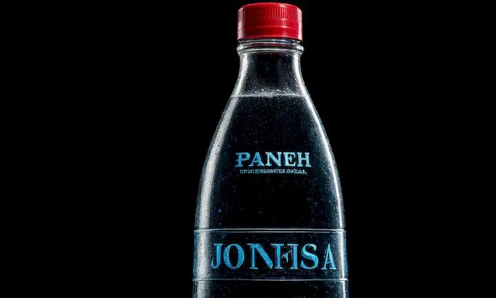 Botella de agua sobre fondo negro con recubrimiento de texto español.