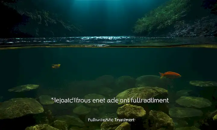 Una imagen de agua oscura con vida acuática y una capción sobre el ácido fulvic como un posible tratamiento anti-envejecimiento.