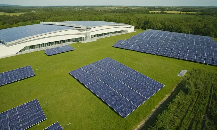 Paneles solares 3D, interconectados, verde paisaje, soleado cielo, edificio moderno, energía renovable, futuro sostenible, energía limpia, independencia energética, ecológica, integración de la naturaleza