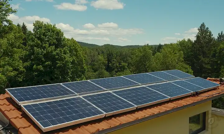 paneles solares montados en una azotea, con un soleado cielo y árboles en el fondo, posiblemente con una configuración conectada con red o fuera de la red, posiblemente mostrando alambres u otros componentes