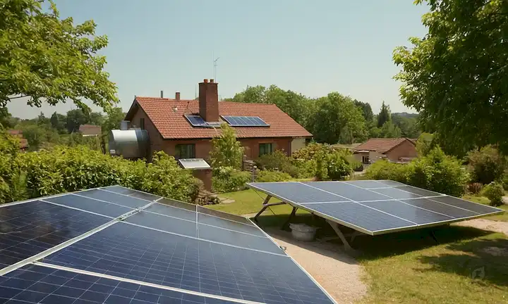 4-6 personas disfrutando del día soleado, paneles solares en techo, jardín, árboles, casa, tanque de agua, medidores de electricidad, calculadoras de ahorro
