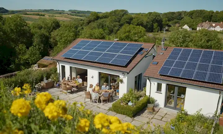 4-6 personas, diversas edades y orígenes, disfrutando de actividades al aire libre juntos, sonriendo, con paneles solares en una azotea o en un patio trasero, soleado día, vegetación, flores, árboles, nubes, cielo azul brillante, sin contaminación, turbinas de viento en la distancia, entorno natural, ambiente ecológico