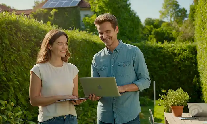 2 personas, una sonriente, de pie en un patio trasero con paneles solares instalados en el techo o una pared, rodeado de exuberante vegetación, cielo azul y luz solar cálida, conteniendo dispositivos solares como portátiles o teléfonos inteligentes