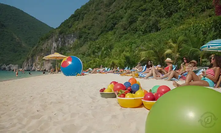 Frutas frescas y verduras de la temporada de verano, coloridas bolas de playa, gente disfrutando de actividades al aire libre como natación, tomar el sol, picnics, paseo en barco, exuberante vegetación, flores vibrantes, refrescantes bebidas, helados frescos conos, ambiente relajado, sol cálido