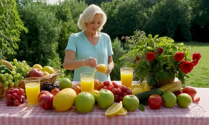 frutas y verduras maduras de verano, flores de colores, paisaje soleado, persona que recoge productos de un jardín, mesa al aire libre con arreglo de alimentos estacionales, refrescante vidrio de limonada o jugo de frutas, exuberante vegetación, colores vibrantes
