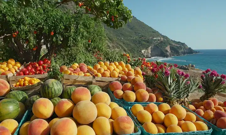 Frutas de verano vibrantes, tomates jugosos, melocotones suculentos, exuberante vegetación, flores coloridas, cálida luz solar, olas oceánicas, escena de playa, cítricos, melones maduros, bayas frescas, abundancia de temporada, esencia de verano, colores vibrantes, atmósfera lúdica