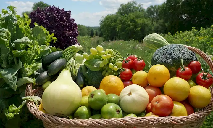 verduras de verano, exuberante vegetación, frutas coloridas, flores vibrantes, luz solar cálida, paisaje natural, abundancia, frescura, serenidad
