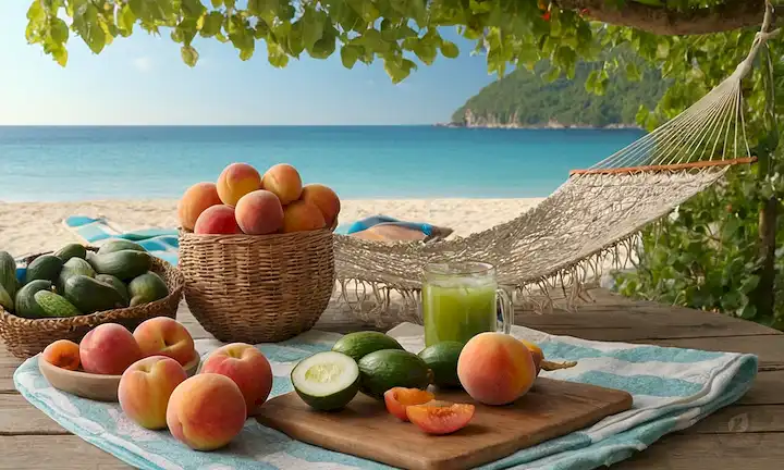Frutas de verano vibrantas en canastas de mimbre, refrescante cócteles por una hamaca junto a la playa, tomates y pepinos tostados por el sol en una mesa de madera rústica, costureras dispersas alrededor de una toalla de playa, melocotones jugosos colgando de una rama de árbol, luz caliente filtrando a través de hojas