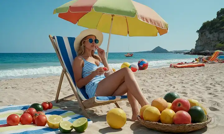 sandía, melocotones, arándanos, tomates, calabacines, maíz, limas, limones, sombrero de sol, gafas de sol, paraguas de playa, bolas de playa, olas, algas marinas, sillas de playa, toallas coloridas, brisa de verano, calor, sol