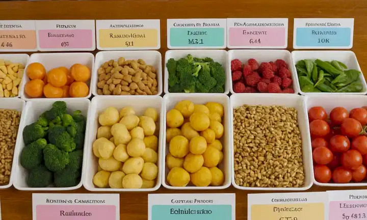 Legislación española que define la clasificación de estándares alimenticios esenciales en España (por qué ciertos alimentos y no otros). El cuadro puede mostrar una tabla con diferentes etiquetas de colores que indican clases de alimentos, como esenciales o recomendados para los niños.