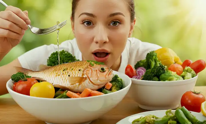 Persona bebiendo agua y comiendo pescado junto con tenedor en un tazón con verduras en la parte superior de la página. El texto bajo la imagen describe la importancia de ciertas proteínas (carbohidratos y pescado) en la dieta en comparación con otras. La ilustración destaca esta información y enfatiza el contenido de proteínas con colores brillantes.