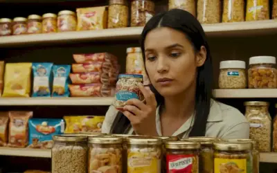 Persona que examina una variedad de alimentos empaquetados de varios vendedores en el mismo mercado mientras explica los nombres pero no las razones detrás de su selección.