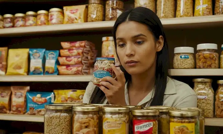 Persona que examina una variedad de alimentos empaquetados de varios vendedores en el mismo mercado mientras explica los nombres pero no las razones detrás de su selección.