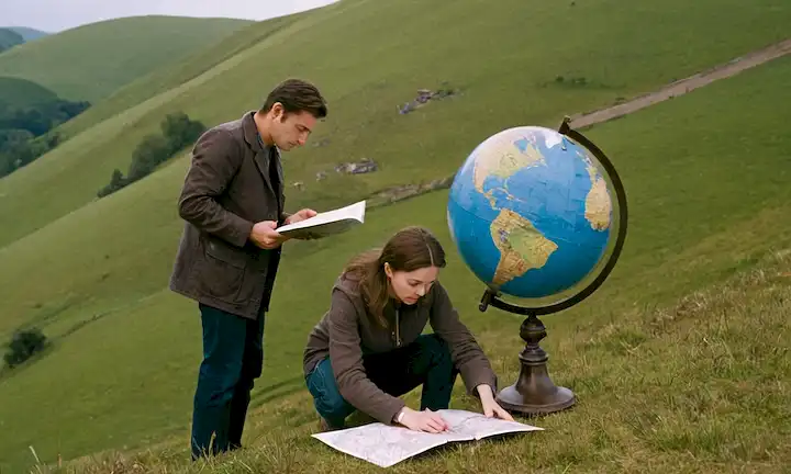 Dos personas de pie en una ladera, examinando un mapa o un globo, mientras un pájaro se encara cerca. Sus caras y manos se muestran en primer plano para el énfasis. El texto lee Conclusión: responsabilidad compartida del animal más abundante del planeta: ¿sabes quién es? con un reloj mostrando que el tiempo ha pasado.