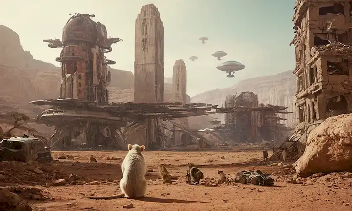 Robot mars colony tomando ratas gigantes (Roedoria) en un paisaje urbano apocalíptico. Imagen muestra la fauna robótica y arquitectura avanzada y futurista entre las ruinas de una Tierra desolada. Inspirado por Stanley Kubricks 2001: Una Odisea Espacial. (9 palabras totales incluyendo la imagen).