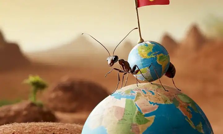 Persona montando en la parte posterior de una hormiga mientras sostiene un globo que representa a las Tierras número de especies de flora y fauna. Pantalla de título con bandera de Tierras en segundo plano.