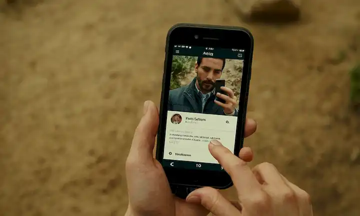 Pareja de manos con un teléfono celular mientras busca referencias en línea sobre animales abandonados en España dentro de la hora. También se puede incluir un logotipo o emblema potencial.