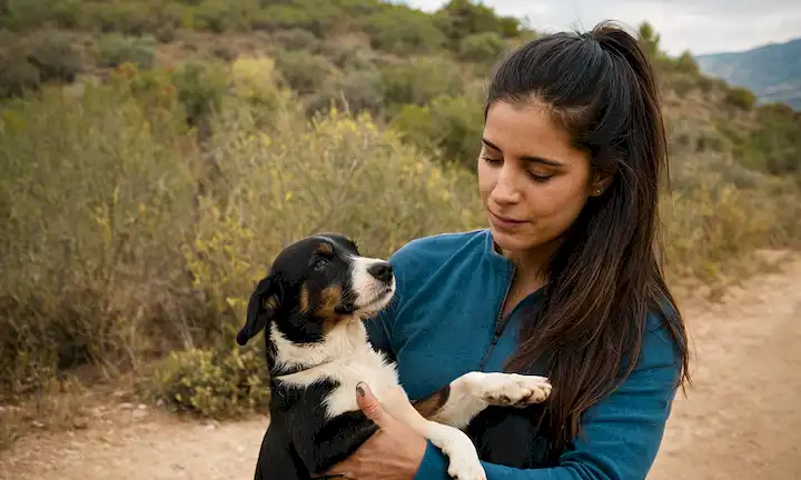 Persona que sostiene perros en varias posiciones con el texto Hábitos Felinos Para Salvaguardar Los Perros Acrabotos En España. Esto se traduce aproximadamente a Hints for Abandoned Dog Hopping en España, asumiendo que este es algún tipo de programa de entrenamiento o recurso para tratar con animales abandonados en España.
