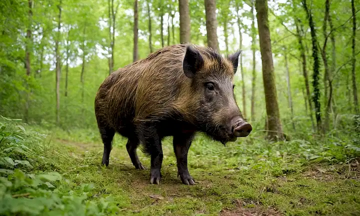 Un gran jabalí salvaje con rugido distintivo, simbolizando su singularidad entre grandes felides que carecen de tales vocalizaciones. En el marco de un exuberante paisaje forestal o una selva urbana, la escena.