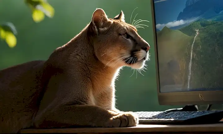 Silueta científica de un león andino de montaña/Guizumpe frente a un ordenador. La clasificación tiene la clave para desbloquear los secretos de la biología y la evolución, haciendo de Guepardo único entre felides gigantes.