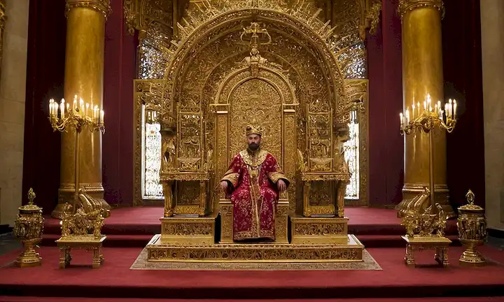 Trono de rey global en el salón real con asiento de trono ornamentado encima de una pila de emblemas dorados. Una figura, mano levantada, lleva corona y túnicas ceremoniales, en medio de detalles de oro intrincado. Esto se refiere al tema de los libros sobre la tendencia global que implica las baldosas hidráulicas, sustentando específicamente las obras del rey Iván Alvarado.