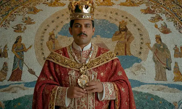 Figura cultural que lleva a cabo tareas de atuendo tradicional mientras muestra arte de mosaico adhesivo elaborado, acompañado por imagen de rey con corona.