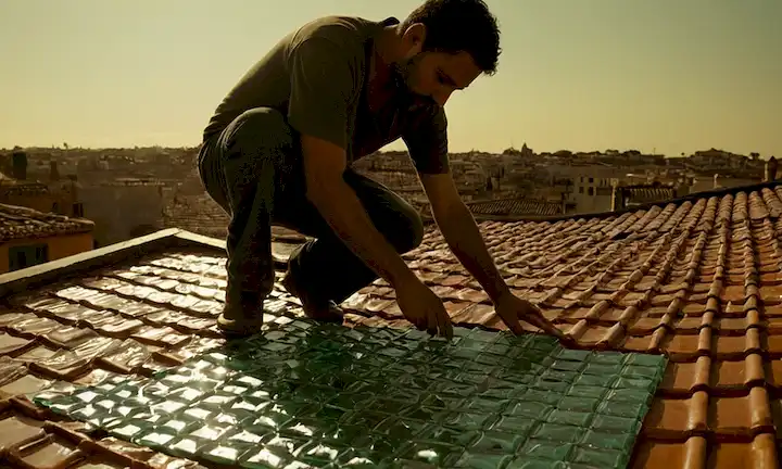 Silhouette de un artesano trabajando con baldosas de cristal de agua en una azotea. Texto: El éxito de Mosaista: Un testimonio de la pasión por la artesanía de Baldosas hidráulicas: Iván Alvarado, el rey de la tradición dedicada.