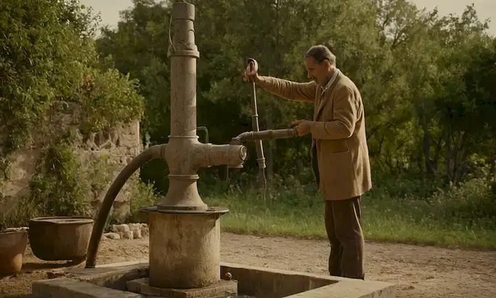 El hombre que derrama hormigón a través de una bomba de agua antigua, simbolizando la sostenibilidad con detalles arquitectónicos y un toque moderno. (Texto español proporcionado por AI)