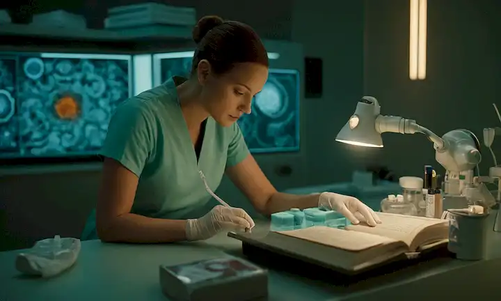 Profesionales médicos Sci-fi procesan tratamiento personalizado del cáncer usando arcilla personalizada, mientras que la tecnología futurista hace luz en su espacio de trabajo. Esta frase se refiere a un libro que discute el concepto de tratamiento hecho a medida (potencialmente de materiales naturales como la arcilla) para curar o frenar varios tipos de cánceres.