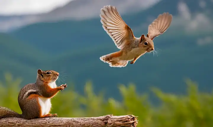 Persona aprendiendo sabiduría alada de un pequeño pájaro, impartiendo la lección de equilibrio ecológico en sólo centímetros. Nota: El texto dado es sobre una narrativa metafórica educativa para apreciar la naturaleza y los principios de su ecosistema. Su carácter minimalista se refleja en esta descripción única: Aprendiendo de la ardilla voladora siberiana, que significa aprender de una ardilla voladora y compartir El secreto del equilibrio ecológico.