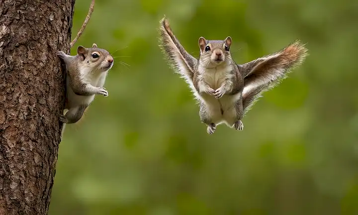 Migraña ardillas voladoras como símbolo de la importancia del equilibrio ecológico, con una perspectiva aérea que muestra una ardilla suspendida por sus patas traseras, rodeada de flora y fauna nativa del bosque Siberiano a poco más de una pulgada. (Traducción: Ardilla Voladora: Un símbolo de la importancia de la diversidad biológica en una migración ancha única)