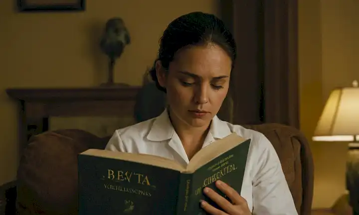 Persona leyendo un libro de texto científico con una expresión seria. Las palabras podrían parafrasearse como, Un futuro incierto para las especies de aves que están disminuyendo y por qué importa. (suponiendo que Conclusiones es un nombre o título adecuado)