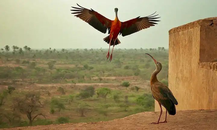 Una imagen solemne con un Ibis intrincado y multicolor que huyó en medio del telón histórico de la población y la conservación. El texto se refiere a un fondo claro y texturado, en el que se expresa una sensación de devoción religiosa y de urgencia ecológica.