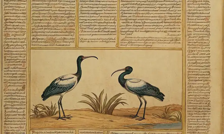 Una página de un antiguo texto religioso que menciona la significación simbólica y raras ocurrencias de la Ibis Eremita en España, destacando su valor sagrado en medio de las poblaciones de aves que se estancan debido al cambio climático.